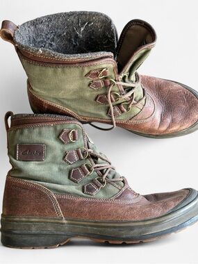 Clarks Men's Brown Leather & Olive Green Canvas Lace-Up Boots Size 9.5
